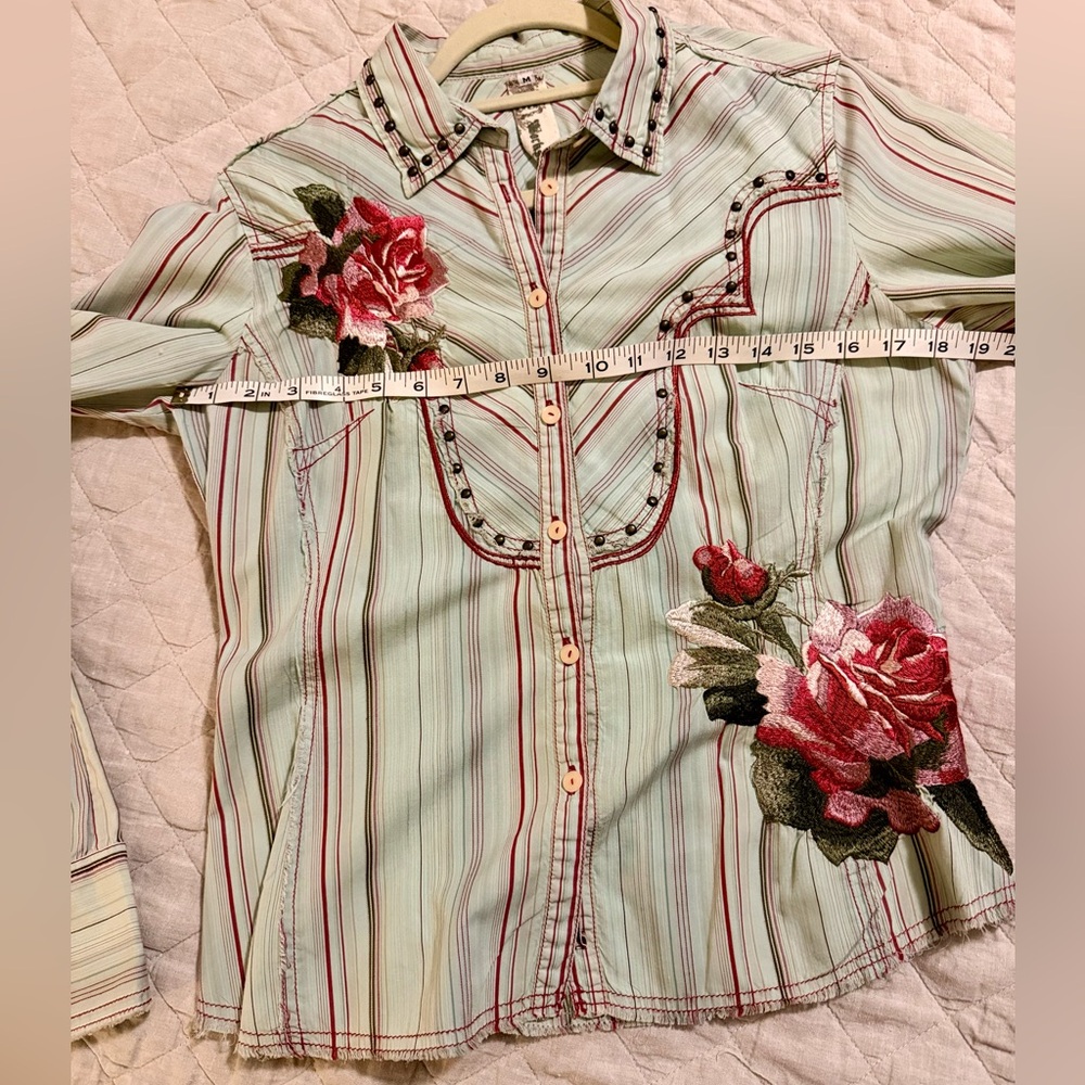 Johnny Was 3J Workshop Aqua Western Embroidered Shirt - Picture 4 of 6
